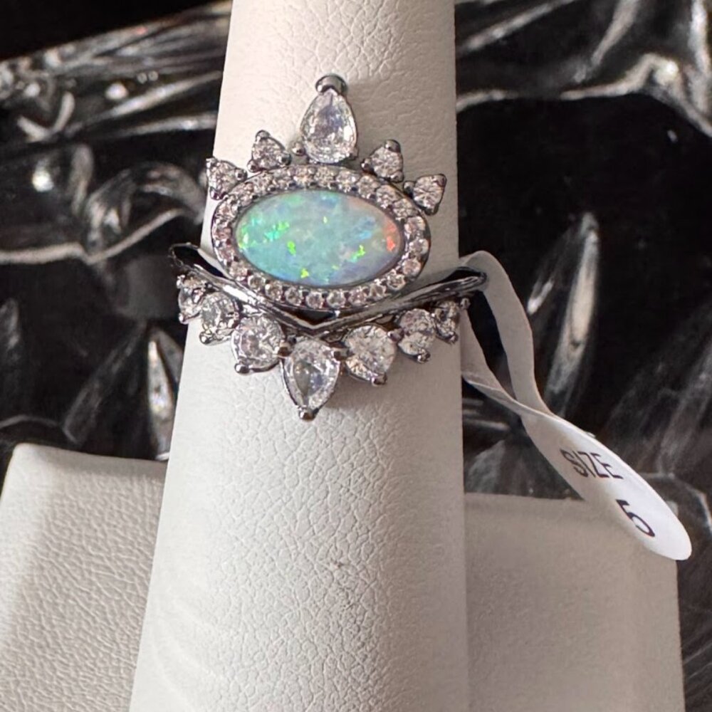 Bomb Party Oct 2025 Ring "Atop The Clouds" White Opal and CZ on Hema Sz 5